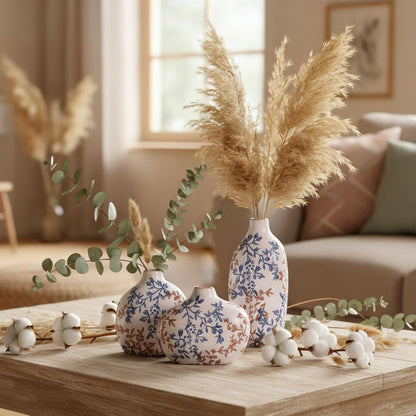 Small Ceramic Vase Set of 3,Bulk Mini Bud Vases for Flowers and Pampas Grass,Cute Boho Ellipse Home Decor for Coffee Table Centerpieces,Living Room,Office,Bookshelf,Entryway Decor (Green Floral)