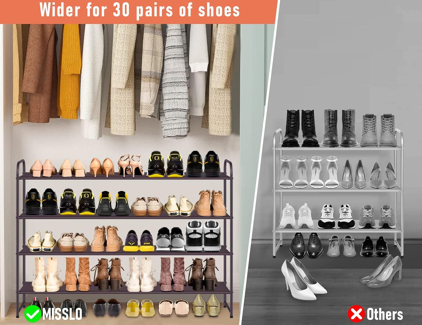 MISSLO 3-Tier Long Shoe Rack for Closet Shoe Organizer for Closet Floor Entryway Storage Stackable Wide Shoe Shelf Stores 24 Pairs of Men Sneakers, Black
