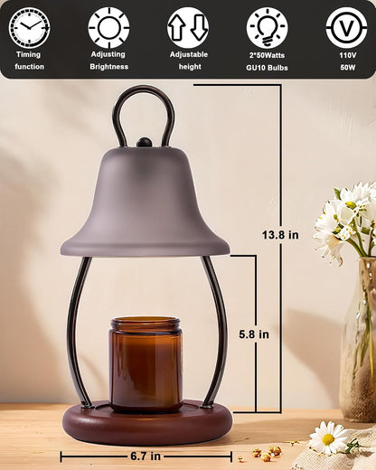Candle Warmer Lamp with Timer - Adjustable Brightness & Glass Shade - Wooden Base with 2 Bulbs Included (Black)