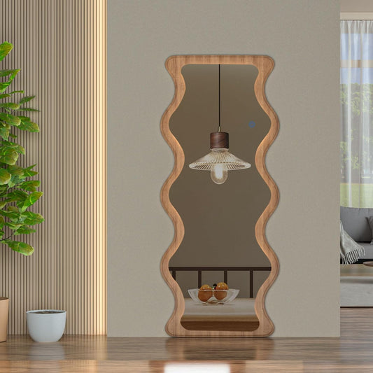 65" x 24" LED Wavy Full Length Mirror Wood Framed Full Body Mirror with Lights,Shatter-Proof Hanging/Leaning Irregular Wall Mirror Wooden Floor Mirror for Dressing Bedroom Living Room