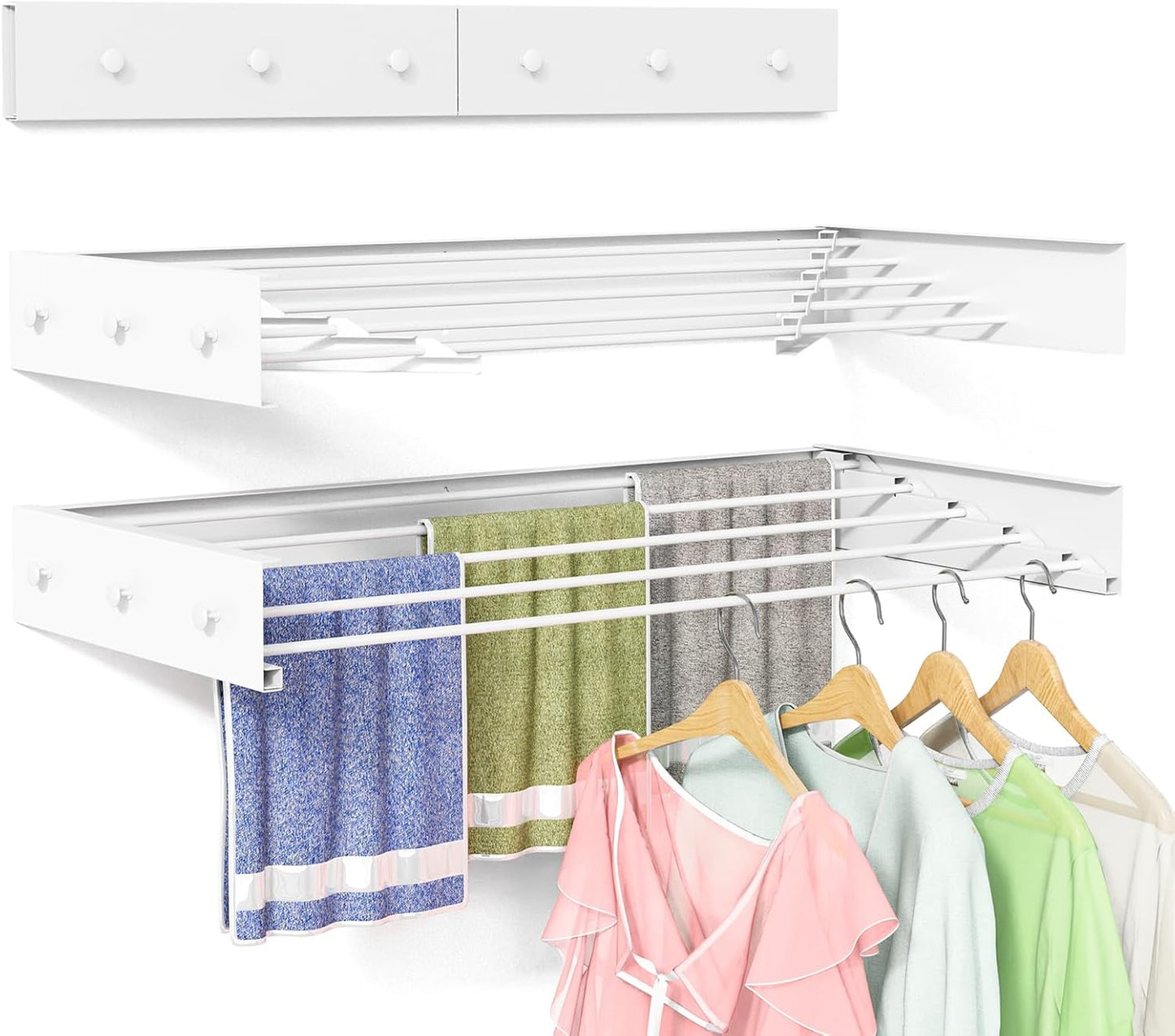 Wall Mounted Drying Rack 23.6'', Foldable Laundry Drying Rack Wall Mount with 4 Towel Hooks and 4 Rods, Space Saving Drying Rack Clothing for Indoor Outdoor Bathroom Balcony (White, 23.6'')