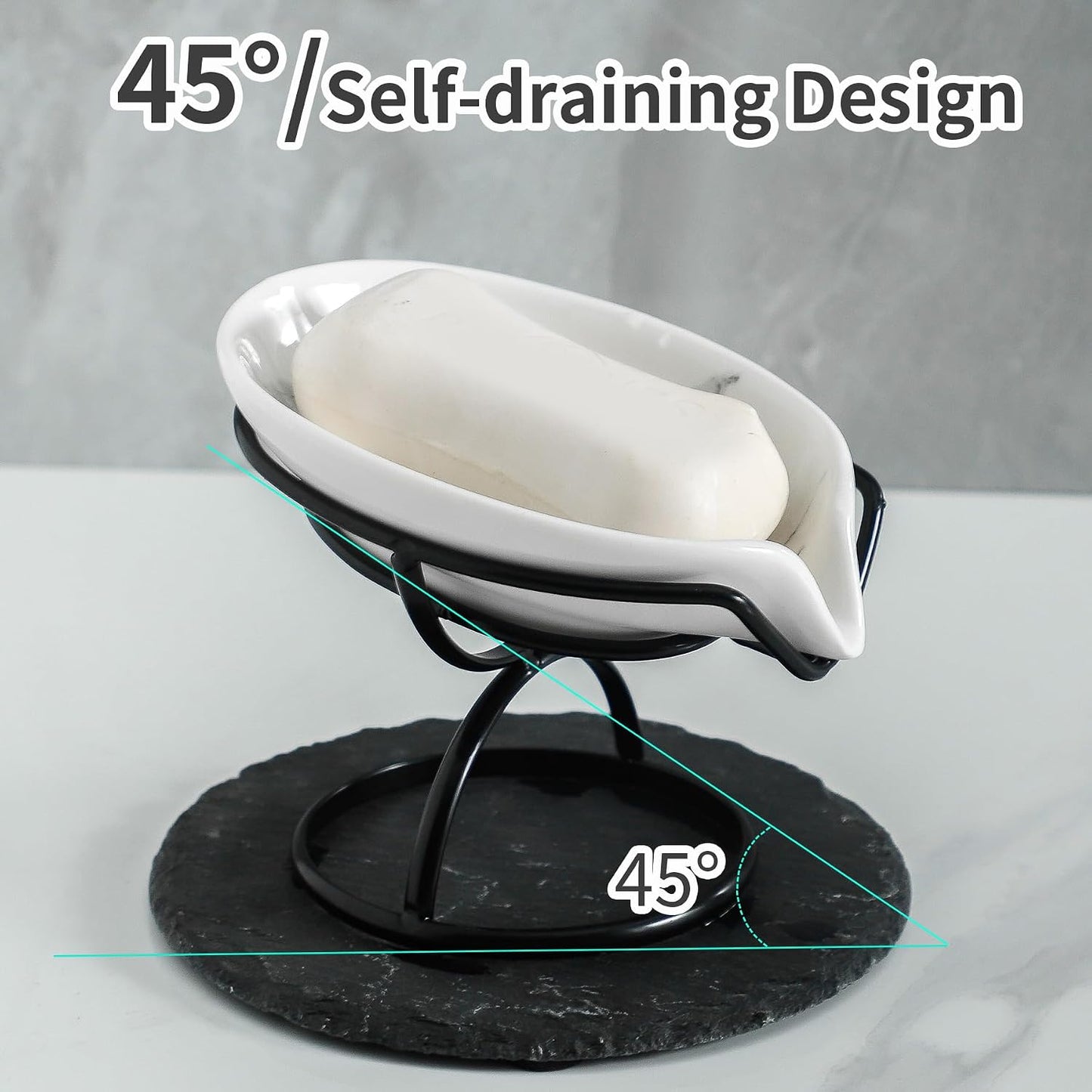 Dobbyby Leaf-Shaped Soap Dish – Premium Ceramic Soap Bar Holder with Self-Drainage System – Bar Soap Holder for Shower, Bathroom Sink, Kitchen – Waterfall Soap Dish with Stainless Steel Stand (SLIVER)