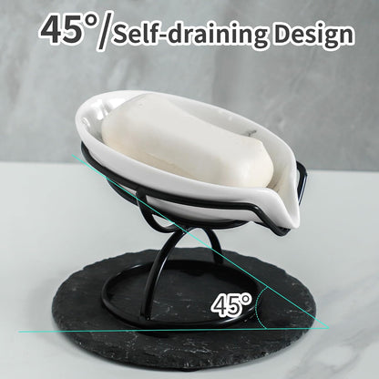 Dobbyby Leaf-Shaped Soap Dish – Premium Ceramic Soap Bar Holder with Self-Drainage System – Bar Soap Holder for Shower, Bathroom Sink, Kitchen – Waterfall Soap Dish with Stainless Steel Stand (SLIVER)