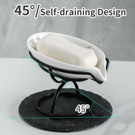 Dobbyby Leaf-Shaped Soap Dish – Premium Ceramic Soap Bar Holder with Self-Drainage System – Bar Soap Holder for Shower, Bathroom Sink, Kitchen – Waterfall Soap Dish with Stainless Steel Stand (SLIVER)