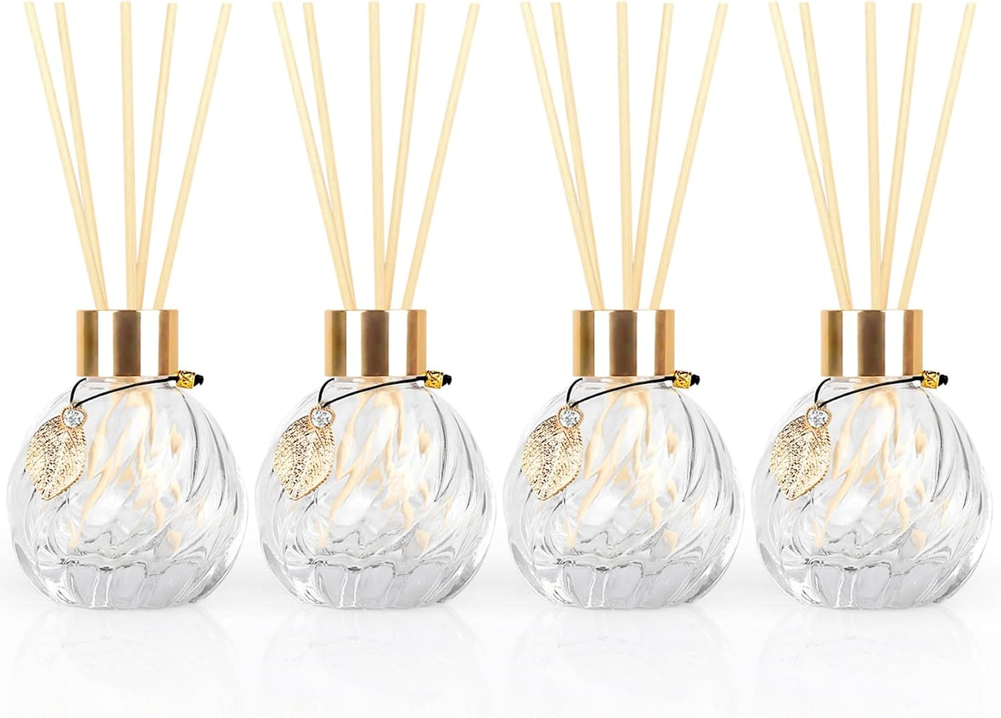 4-Piece Reed Diffuser Set with Metal Golden Decoration, 3.5-4.2oz Empty Bottles and 20 Reed Sticks, Unique Design for Home and Office (4 Different Bottles)