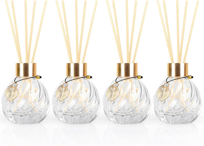 4-Piece Reed Diffuser Set with Metal Golden Decoration, 3.5-4.2oz Empty Bottles and 20 Reed Sticks, Unique Design for Home and Office (4 Different Bottles)