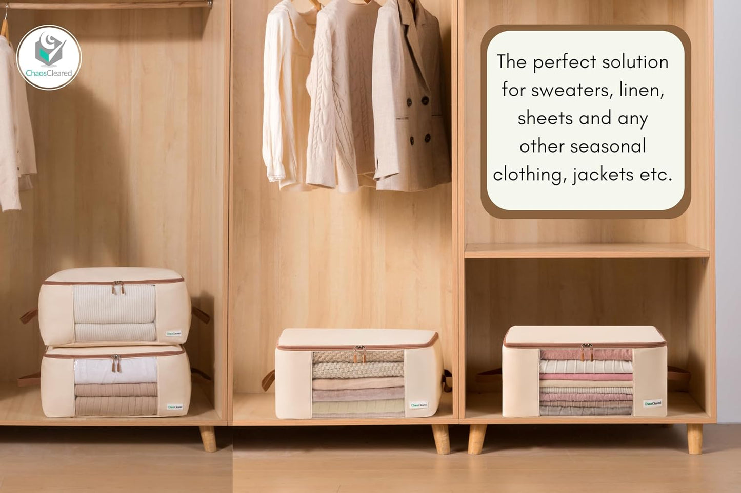 Chaos Cleared Canvas Storage Bags Designer Organizer for Comforters 2 Pack – Seasonal Storage for Pillows, Blankets, Linens & Garments – Foldable Design with Zip & Window, Moth-Proof Space Saver