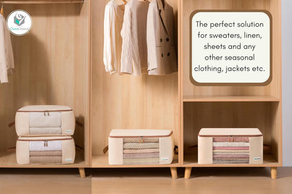 Chaos Cleared Canvas Storage Bags Designer Organizer for Comforters 2 Pack – Seasonal Storage for Pillows, Blankets, Linens & Garments – Foldable Design with Zip & Window, Moth-Proof Space Saver