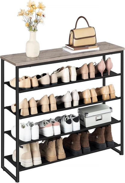 HOOBRO Shoe Rack, 4 Tier Shoe Storage Organizer with 3 Oxford Fabric Shelves and Top Panel, Holds 12-16 Pairs of Shoes for Entryway and Closet, Industrial, Rustic Brown BF47XJ01G1