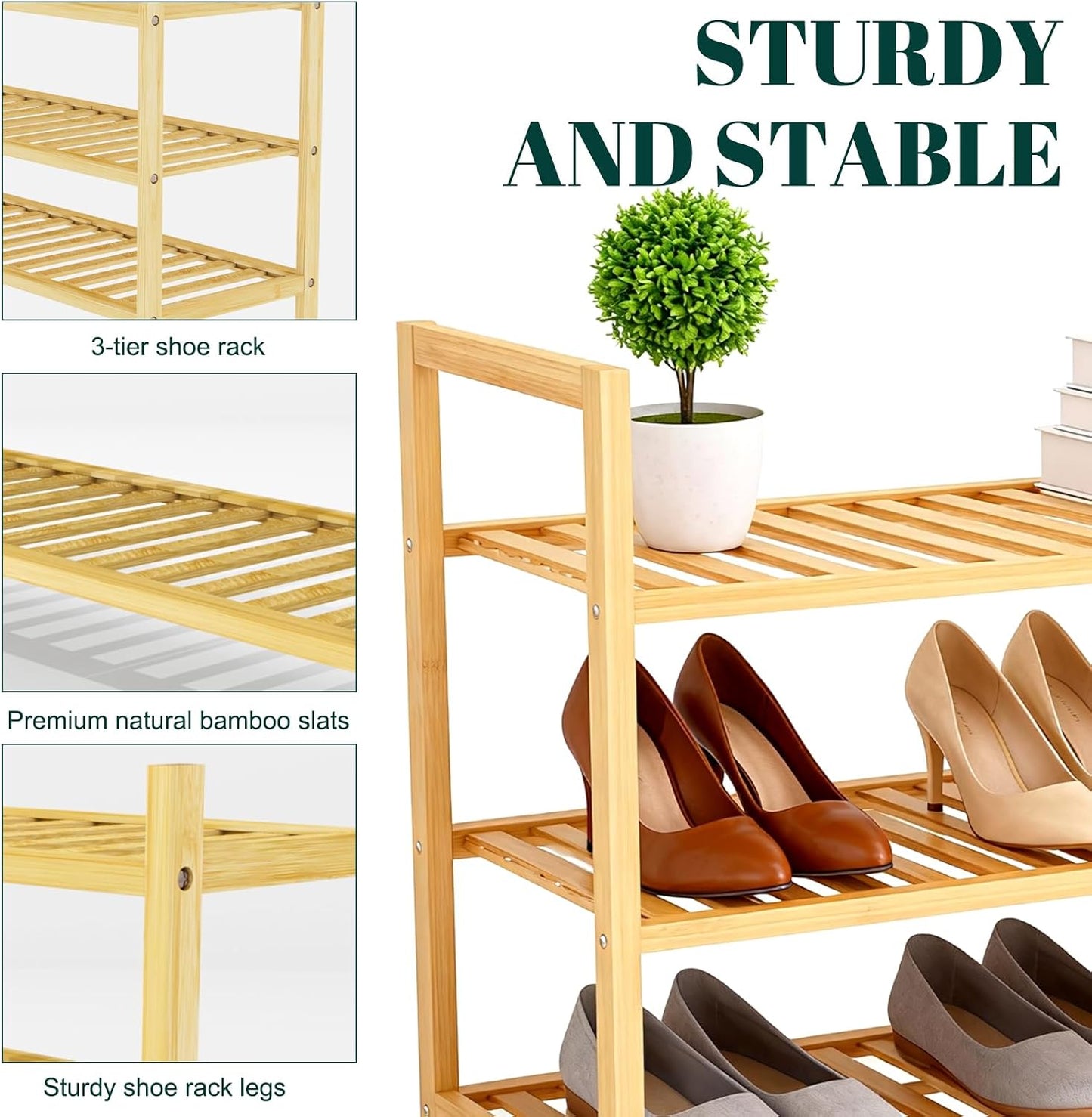 4 Tier Bamboo Wooden Shoe Rack for Closet & Entryway, Free Standing Shoe Rack Stand Organizer Shelf for Garage, Bedroom, Small Space Storage, Stackable