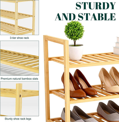 4 Tier Bamboo Wooden Shoe Rack for Closet & Entryway, Free Standing Shoe Rack Stand Organizer Shelf for Garage, Bedroom, Small Space Storage, Stackable