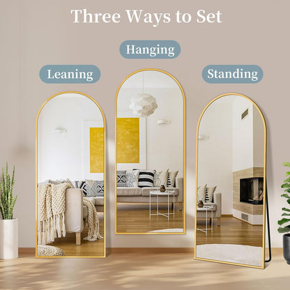 Full Length Mirror with Stand, 71"x28" Arched Full Body Large Stand Up Aluminum Frame Floor Standing Mirror, Freestanding Hanging Leaning Mounted for Bedroom Living Room Entryway Gold