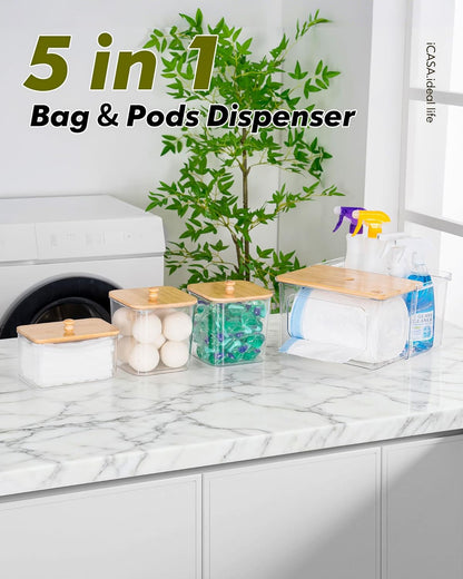 iCASA Trash Bag and Dishwasher Pod Dispenser - 3 in 1 Clear Storage Bins Holder for 13/30/33 Gallon Garbage Bags, Laundry Detergent Pods & Tabs, Under Sink Organizer for Kitchen and Laundry Room