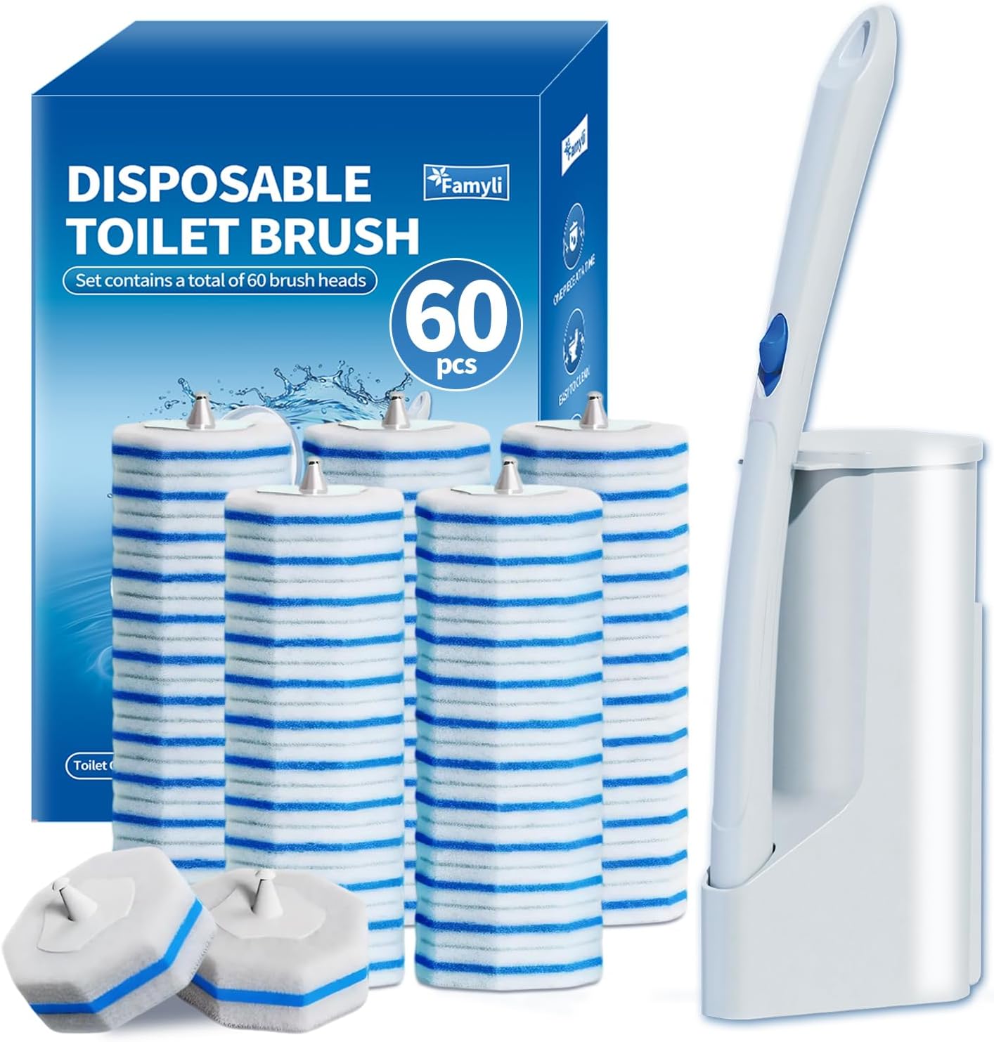 Disposable Toilet Brush Set with 60 Replacement Heads, Toilet Cleaning Replacement Pads, Starter Kit with Storage Case for Deep Cleaning and Hygienic Bathroom Maintenance
