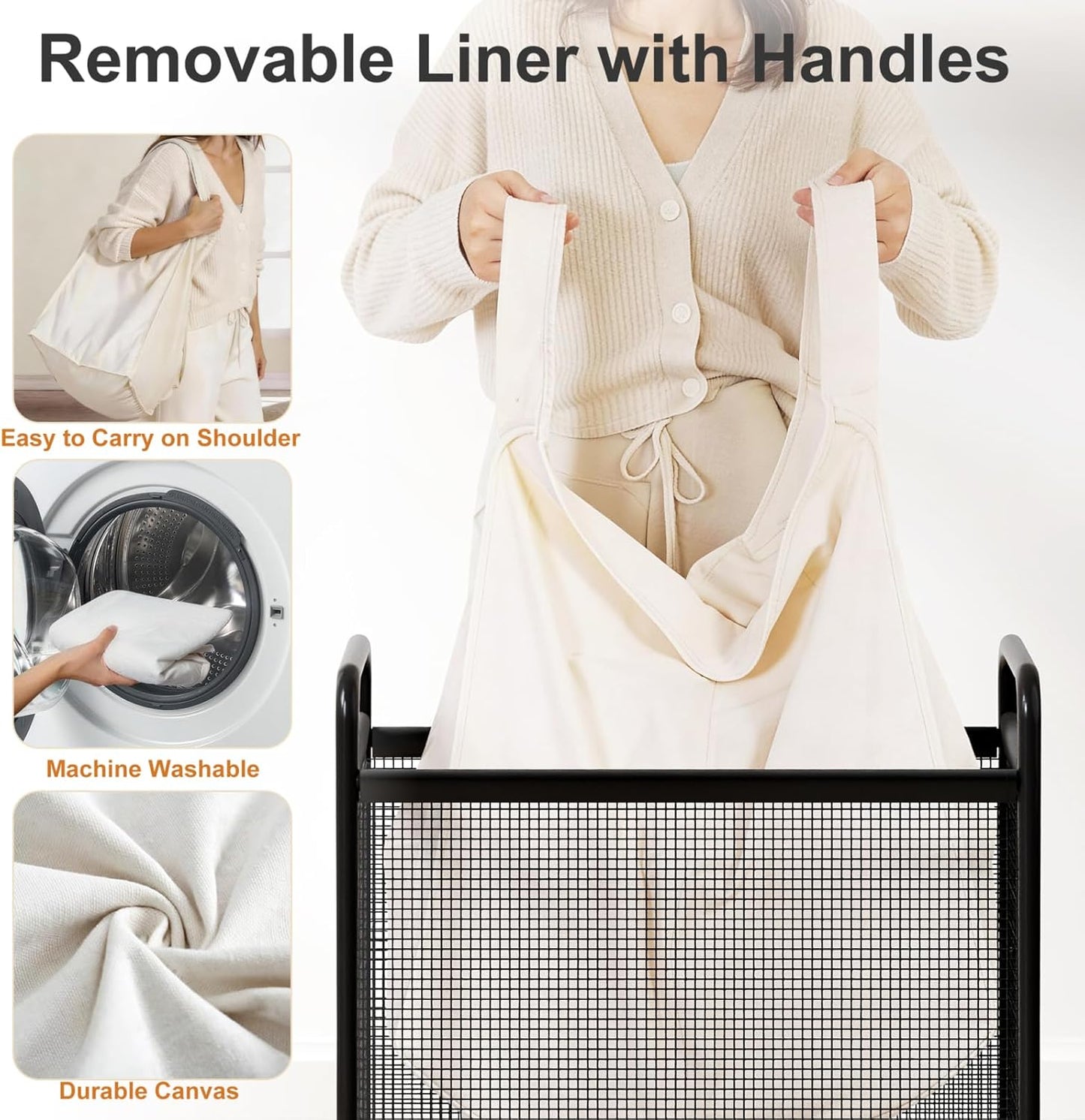 WOWLIVE Laundry Hamper 3 Section, 120L Rolling Laundry Basket with wheels and Removable Liner Bag, Laundry Sorter with Metal Handle, Large Clothes Hamper for Laundry Room, Bathroom and Dorm, Beige