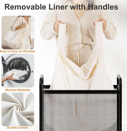 WOWLIVE Laundry Hamper 3 Section, 120L Rolling Laundry Basket with wheels and Removable Liner Bag, Laundry Sorter with Metal Handle, Large Clothes Hamper for Laundry Room, Bathroom and Dorm, Beige