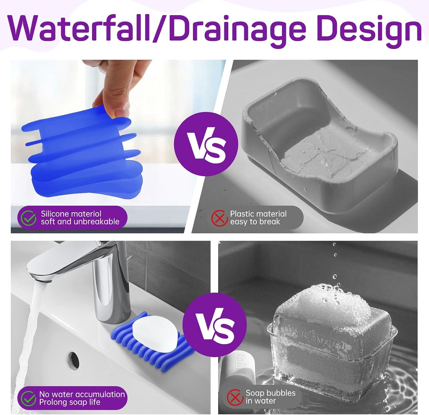2 Pcs Self Draining Silicone Soap Holder - Waterfall Design Soap Dishes for Bathroom, Keeps Soap Bars Dry & Clean,White