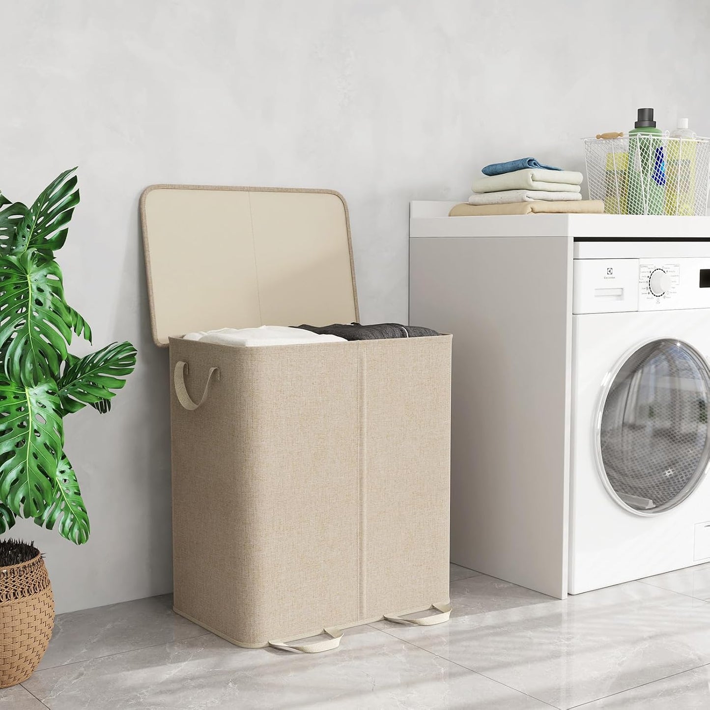 Lifewit Double Laundry Hamper with Lid and Removable Laundry Bags, Large Collapsible 2 Dividers Dirty Clothes Basket with Handles for Bedroom Laundry Room Closet Bathroom College, 136L Beige