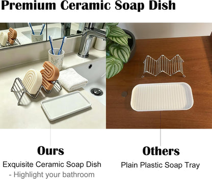Soap Dish, Stainless Steel Self Draining Shower Bar Soap Holder with Ceramic Dish Tray, W Style Soap Saver for Bathroom, Sink, Kitchen and Countertop(Gray Texture)