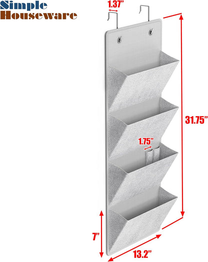 Simple Houseware Over the Door Hanging Wall File Organizer, 4 Pocket File Holder with 13" Width for Office Supplies Storage, Grey