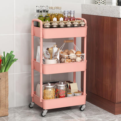 Sywhitta 4-Tier Plastic Rolling Utility Cart with Handle, Multi-Functional Storage Trolley for Office, Living Room, Kitchen, Movable Storage Organizer with Wheels, Black