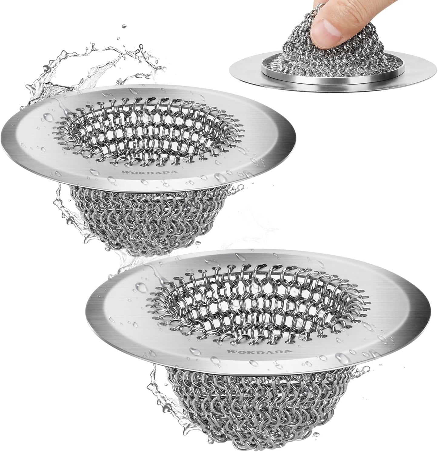 WOKDADA Upgraded Sink Drain Strainer, Patented Reversible Chain Mail Mesh | Anti-Slip Ring, Fast Drainage, Reversible Flip Clean, Rust-Proof, Universal 4.4-Inch, Large Capacity, Garbage Disposal Fit