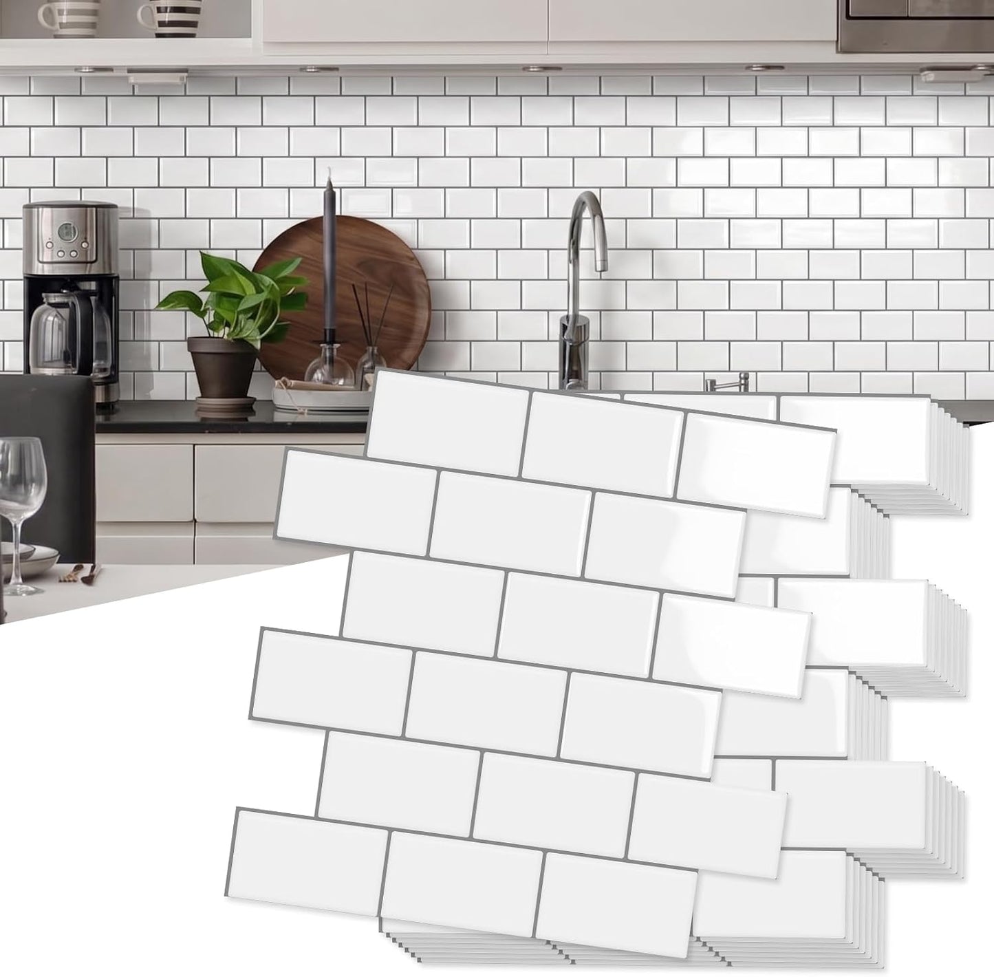 10-Sheet Thick Peel and Stick Kitchen Backsplash Tiles(Green,12"×12") | 3D Subway Waterproof Self-Adhesive Wall Tile Stick on Backsplash for Kitchen and Bathroom