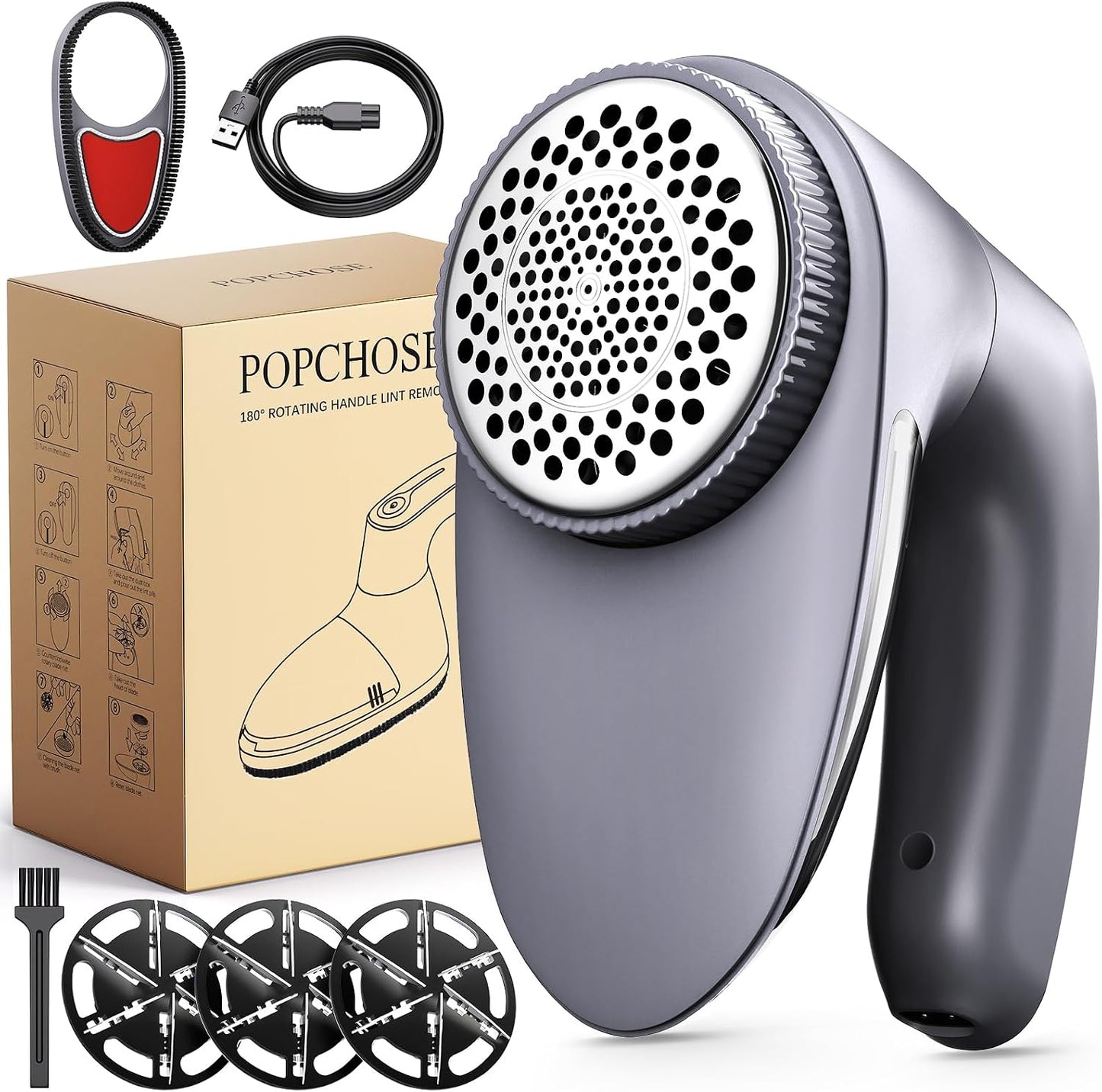 POPCHOSE Fabric Shaver, Lint Remover for Clothes, Lint Shaver with 6-Leaf Blades & 2 Speed, 2000mAh Rechargeable, Sweater Shavers to Remove Pilling, Electric Lint Remover for Couch, Furniture, Fuzz