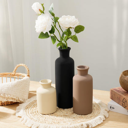 Ceramic Vase Set of 3, Modern Minimalist Neutral Home Decor, Boho Rustic Farmhouse Decorative Vases for Pampas Grass Dried Flowers | Table Centerpiece Entryway Mantel Bookshelf(Black Mix Set - Gray#1)