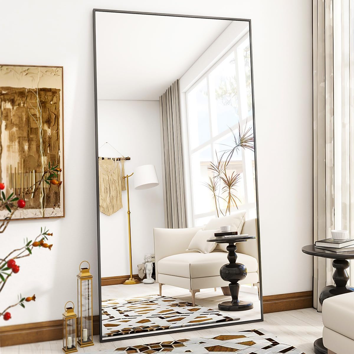 VooBang Mirror Full Length - 21" x 57" Floor Mirror with Stand, Aluminum Alloy Frame Full Body Mirror, Standing Hanging or Leaning Against Wall for Bedroom and Living Room, Black