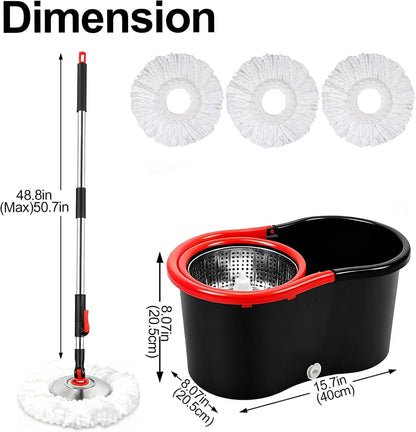 Spin Mop and Bucket with Wringer Set, 360°Rotating Head Mop Bucket System, 3 Replacement Mop Heads for Floor Cleaning (Black & Red) (Three mop Heads)