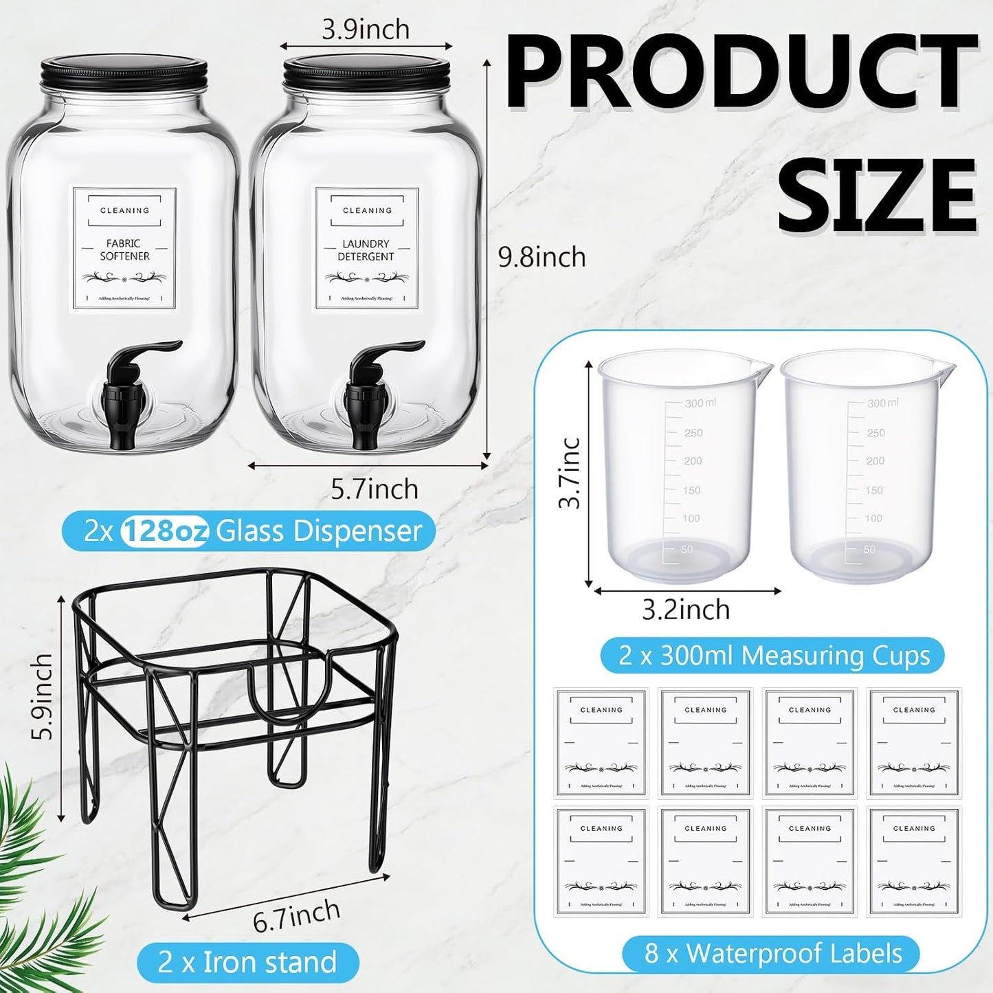 FillTouch 2 Pack 1 Gallon/128 oz Glass Laundry Detergent Dispenser, 3.8 L Liquid Soap Dispenser with Stand, Measuring Cup and Label, Fabric Softener, Liquid Bleach Container, Laundry Room Organization