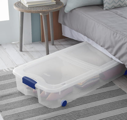 66 Qt Clear Storage Bins with Lids - 66 Quart Wheeled Latch Box, Underbed Storage Container, Durable Plastic Organizer for Bedroom, Closet, Garage,Blue