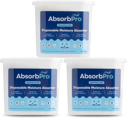 Absorb Pro - Moisture Absorber Tub with Activated Charcoal - 3-Pack - 18 oz Disposable Odor Eliminator Box & Dehumidifier for Garage, Home, Kitchen, Bedroom, Bathroom, Closet, Cars, and Boats