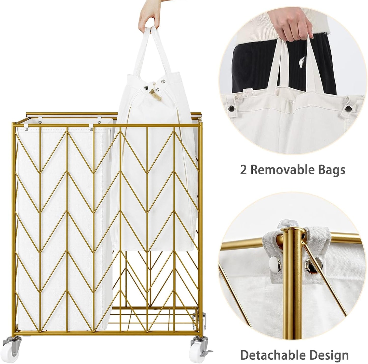 WOWLIVE Laundry Basket with Wheels, 142L Laundry Hamper 3 Section with Lid, Dirty Clothes Hamper with Removable Bags, Large Capacity Iron-Made Laundry Basket Organizer Laundry Sorter for Dorm, White