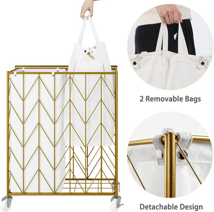 WOWLIVE Laundry Basket with Wheels, 142L Laundry Hamper 3 Section with Lid, Dirty Clothes Hamper with Removable Bags, Large Capacity Iron-Made Laundry Basket Organizer Laundry Sorter for Dorm, White