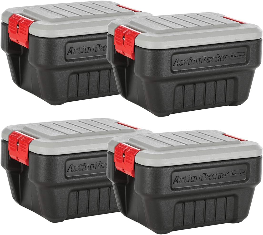 Rubbermaid ActionPacker 35 Gallon, Made in USA, Lockable Plastic Storage Bin with Lid and Wheels- Outdoor, Industrial, Rugged, Camping Gear and Truck Bed Storage - Gray and Black