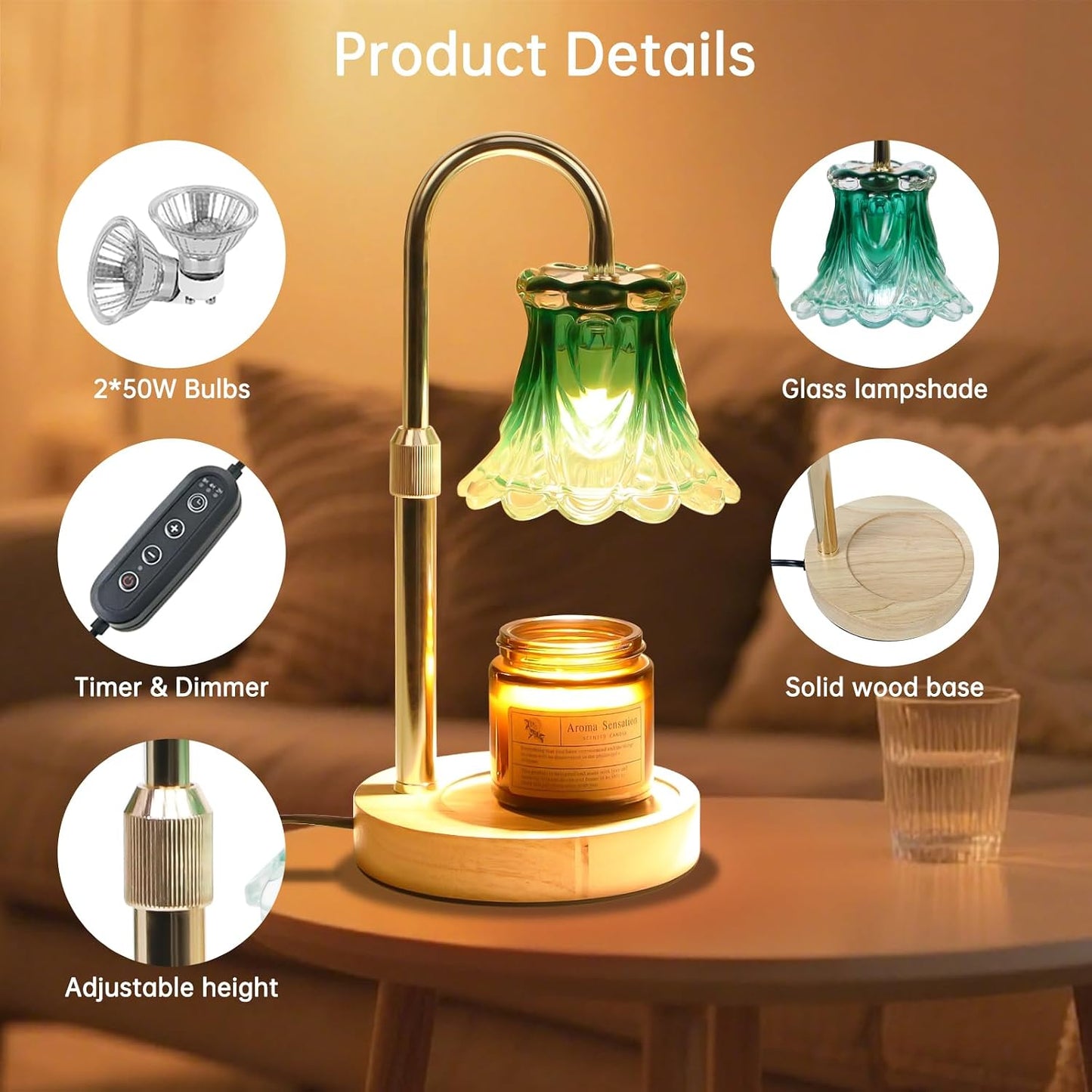 Fragrance Candle Warmer Lamp with 2 Bulbs Electric Candle Warmer with Timer & Dimmer for Home Decor