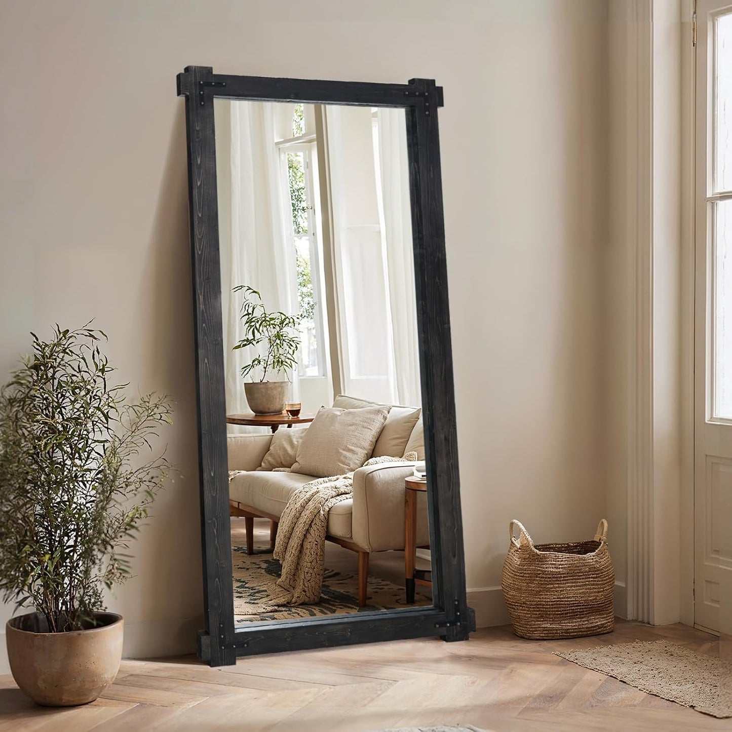 65x24 Inch Full Length Mirror, Pine Frame Full Body Standing Mirror with Metal Decorative, Black