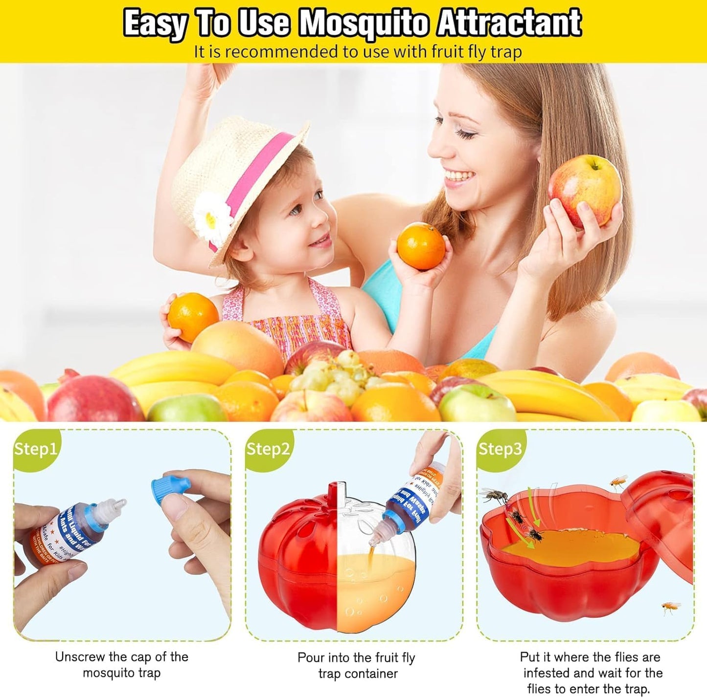 Fruit Fly Trap Refill Liquid only, Fruit Fly Catcher Bait & Gnat Killer Refill, Ready-to-Use Fruit Scented Ants Attractant for Kitchen Bathroom Living Room Use, Safe Near Food (6 Pack)