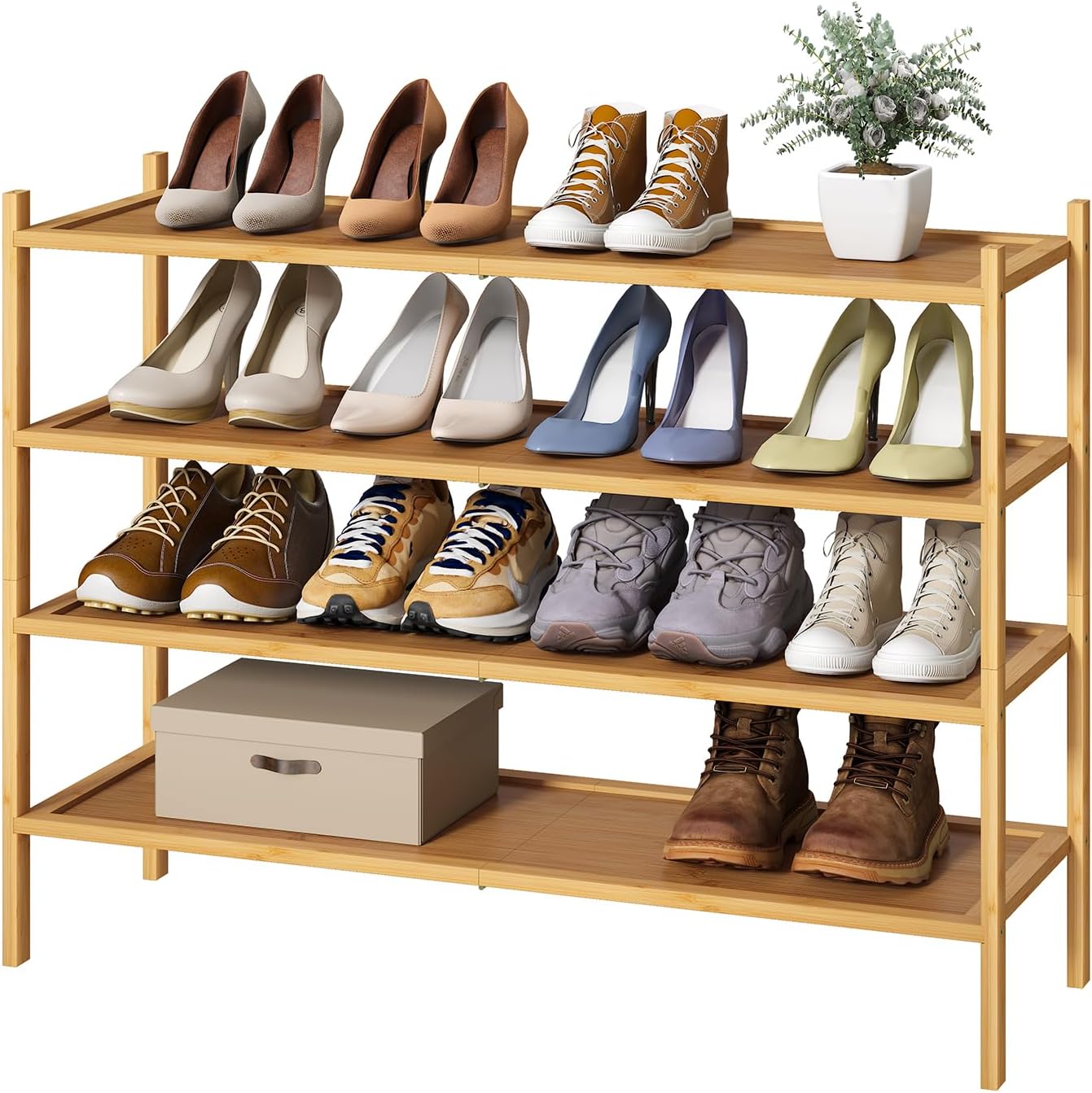 kiplant Small Shoe Rack, 4-Tier Bamboo Wood Shoe Rack for Entryway, Stackable Shoe Organizer for Hallway Closet, Free Standing Shoe Racks for Indoor & Outdoor