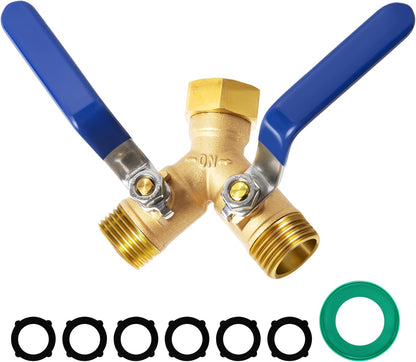 360° Swivel Garden Hose Splitter 2 Way, Solid Brass Water Hose Splitter with Dual Shutoff Valves, 3/4" GHT Thread Leak-Proof Hose Connector for Outdoor Faucet Lawn, Irrigation & Washing