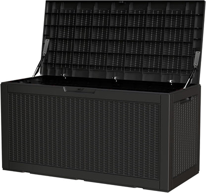 100 Gallon Storage Box, Waterproof Resin Deck Box with Hydraulic Piston Design, Lockable Storage Bench for Package Delivery, Storage Bin for Patio Cushions, Garden Tools, Black
