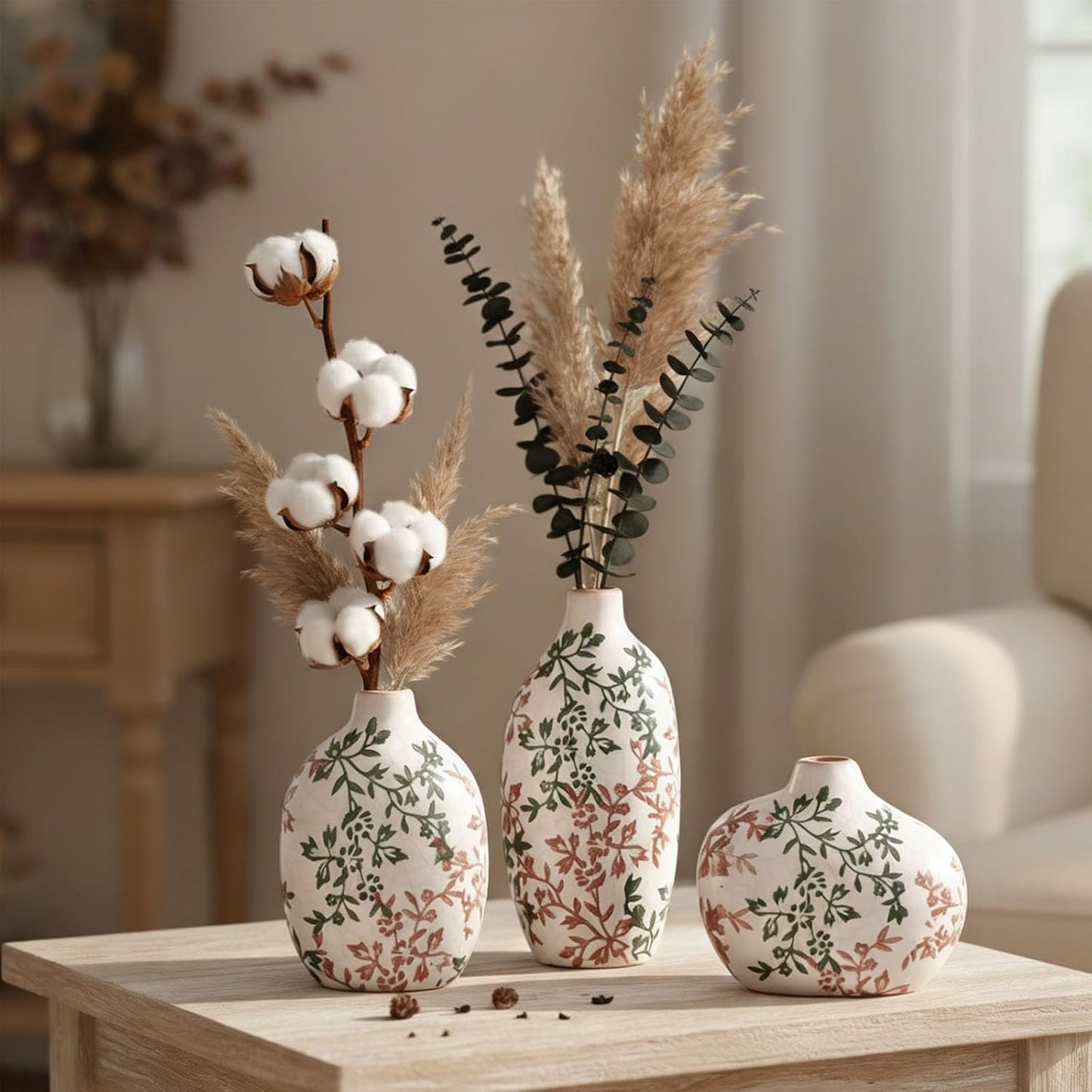 Small Ceramic Vase Set of 3,Bulk Mini Bud Vases for Flowers and Pampas Grass,Cute Boho Ellipse Home Decor for Coffee Table Centerpieces,Living Room,Office,Bookshelf,Entryway Decor (Green Floral)