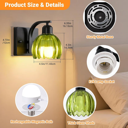 Rechargeable Battery Operated Wall Sconce Set of 2, Wireless Battery Powered Gold Wall Lamps with Green Tulip Glass, Vintage Dimmable Wall Lights with Remote Control for Bedroom Living Room