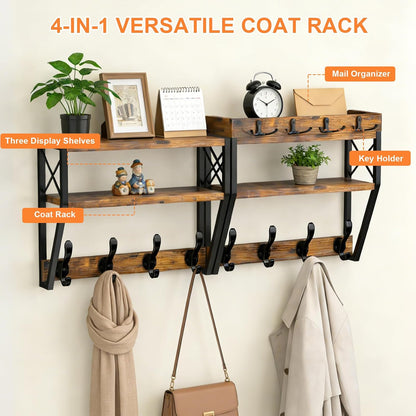 Mail Organizer Wall Mounted, 2 Slots Key Holder for Wall with 8 Hooks, Rustic Wood Key Rack with Shelf for Entryway Hallwall Farmhouse