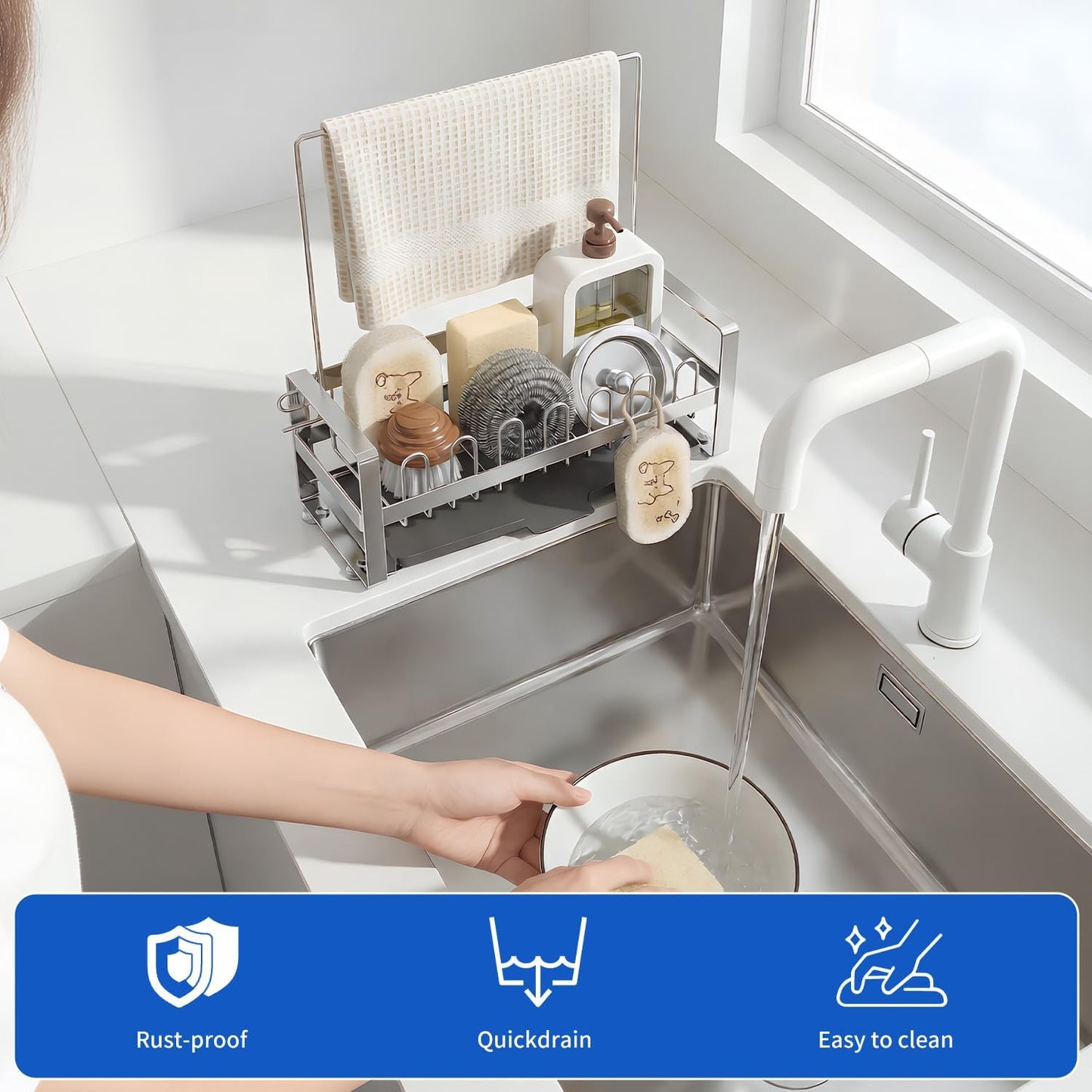 Sponge Holder for Kitchen Sink,Suction Cup 304 Stainless Steel Sink Caddy with Dishcloth Holder, Self Drain Tray Sink Oragnizer for Countertop, Soap Dispenser Storage