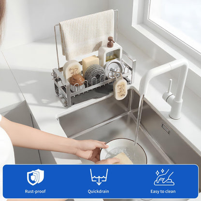 Sponge Holder for Kitchen Sink,Suction Cup 304 Stainless Steel Sink Caddy with Dishcloth Holder, Self Drain Tray Sink Oragnizer for Countertop, Soap Dispenser Storage