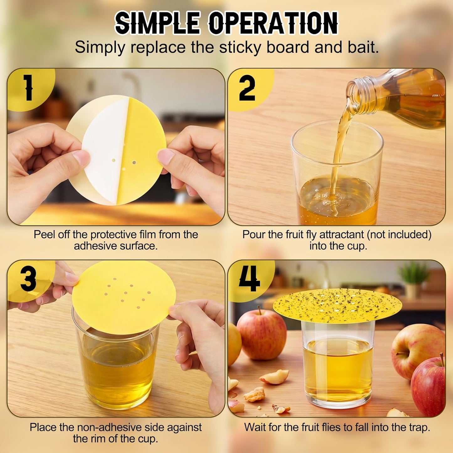 100 Pack Fruit Fly Trap Covers, Single-Sided Sticky Paper Lids, 8 Vent Holes for Vinegar/Wine Bait, Fits Cups & Jars for Indoor Kitchen & Pantry Gnat Control (Round,Yellow)