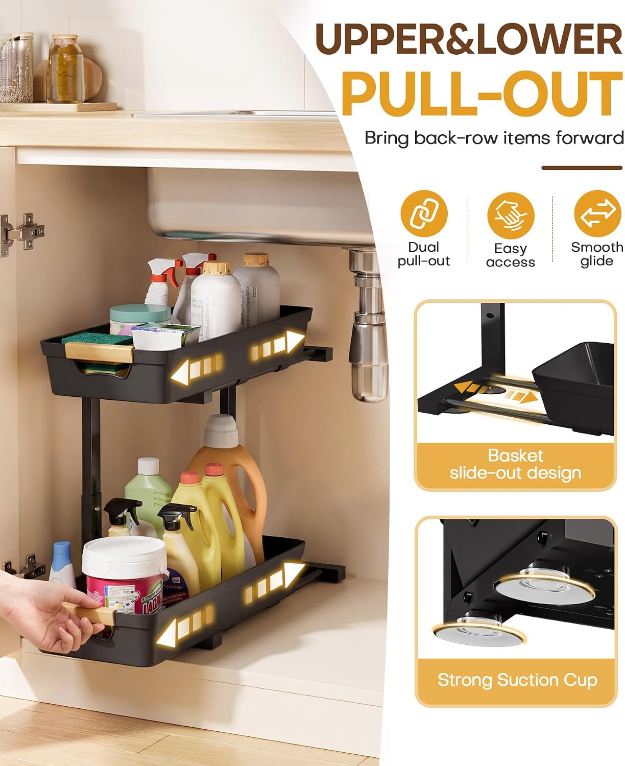 Homde Sliding Under Sink Organizer: 2 Pack 2-Tier Cabinet Shelf with Upper & Lower Pull-Out Baskets - C-Shaped 3 Adjustable Heights for Kitchen Bathroom